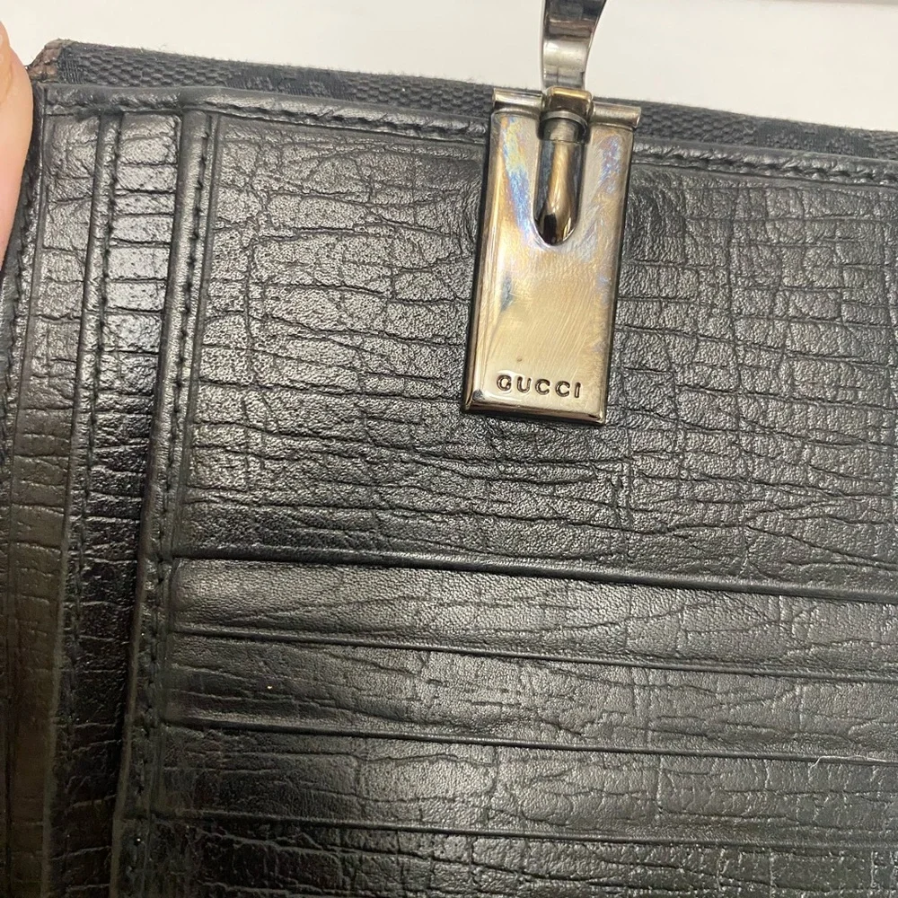 Gucci Black GG Monogram Wallet with Silver Horsebit Ring Clasp